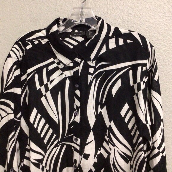 Tahari Shirt Womens Black White Print Linen Blend Button Up Blouse Top Sz Large - Picture 10 of 10